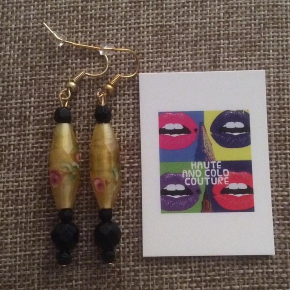NEW Handmade Floral Yellow & Black Glass  Earring